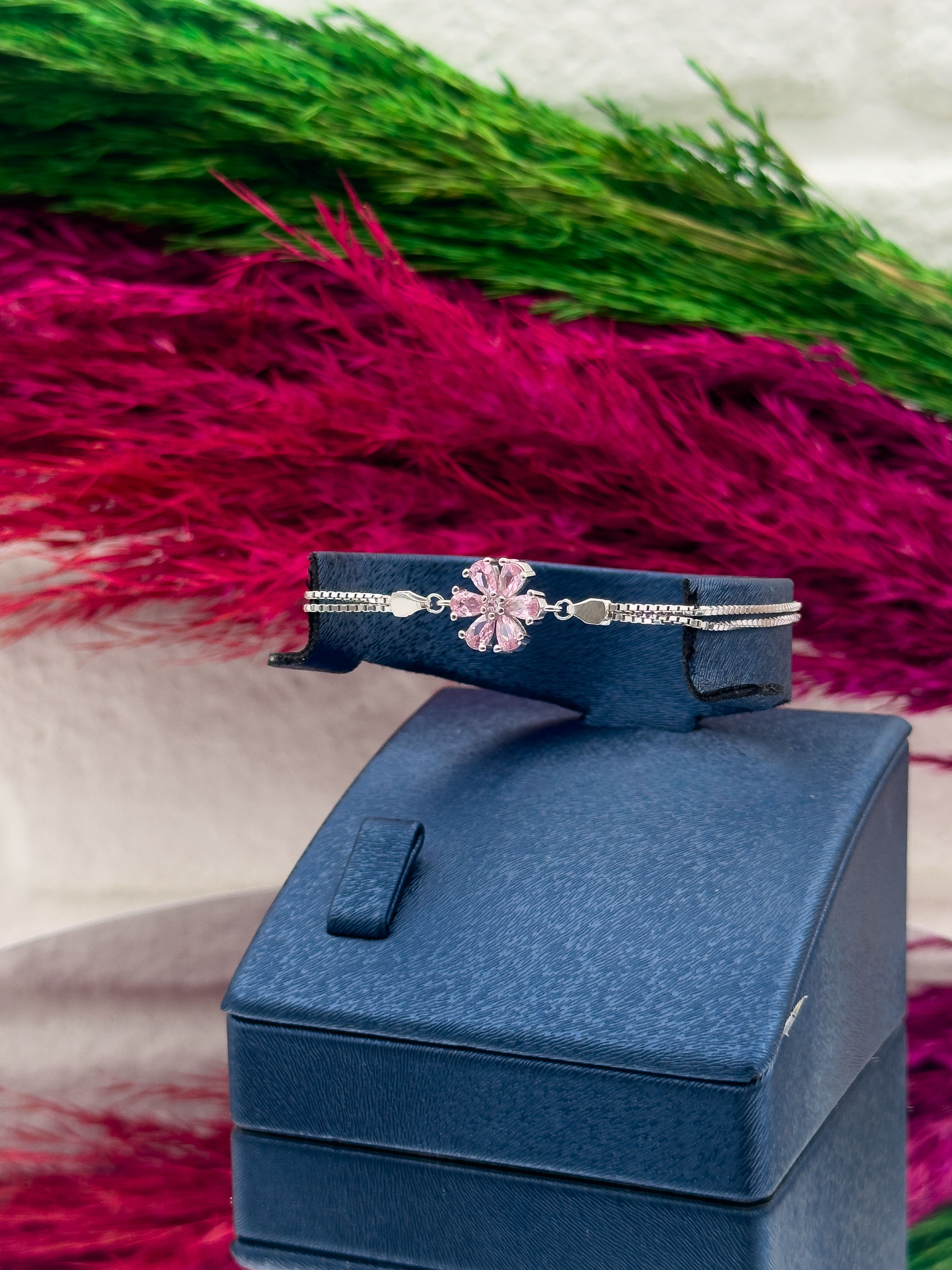 925 Ayar Gümüş Pembe Kuvars Taşlı Özel Üretim Lotus Modeli Popüler Kadın Bileklik