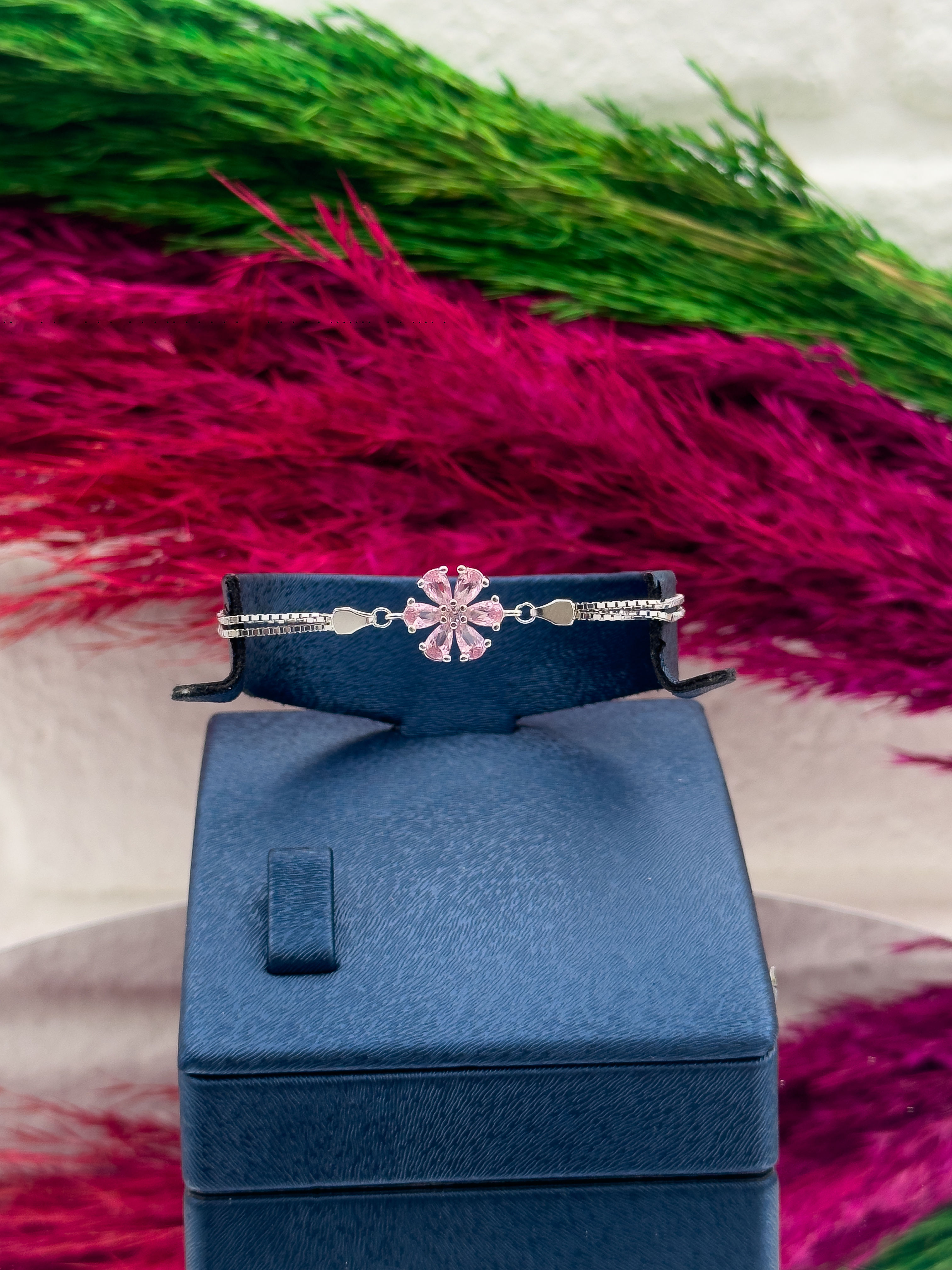 925 Ayar Gümüş Pembe Kuvars Taşlı Özel Üretim Lotus Modeli Popüler Kadın Bileklik