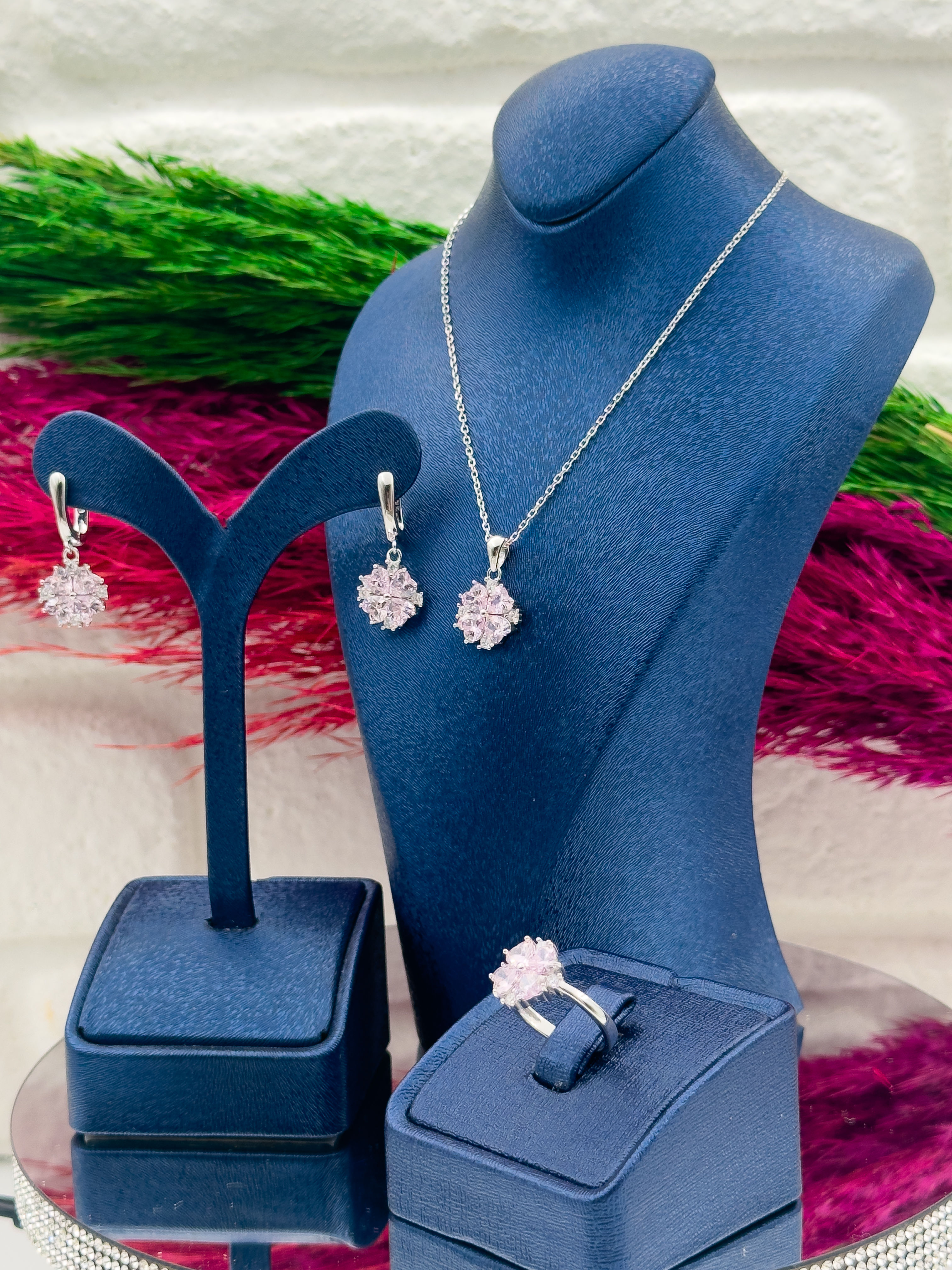 925 Ayar Gümüş Pembe Kuvars Taşlı Özel Tasarım 3’lü Zarif Kadın Takı Seti