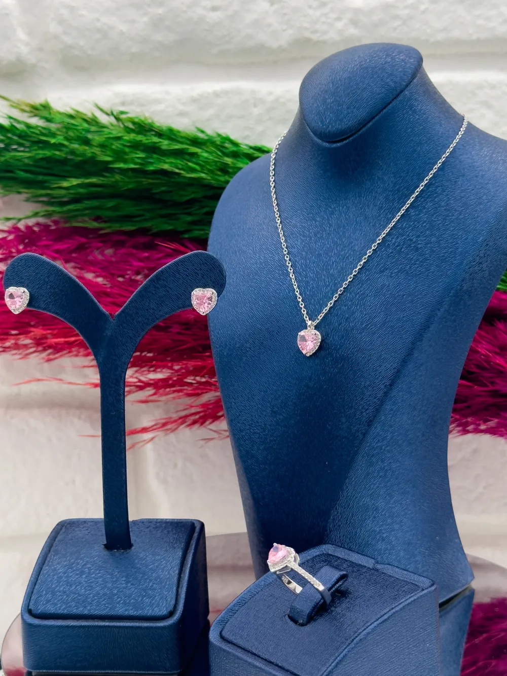 925 Ayar Gümüş Pembe Kuvars Taşlı Özel Tasarım 3’lü Trend Kadın Takı Seti