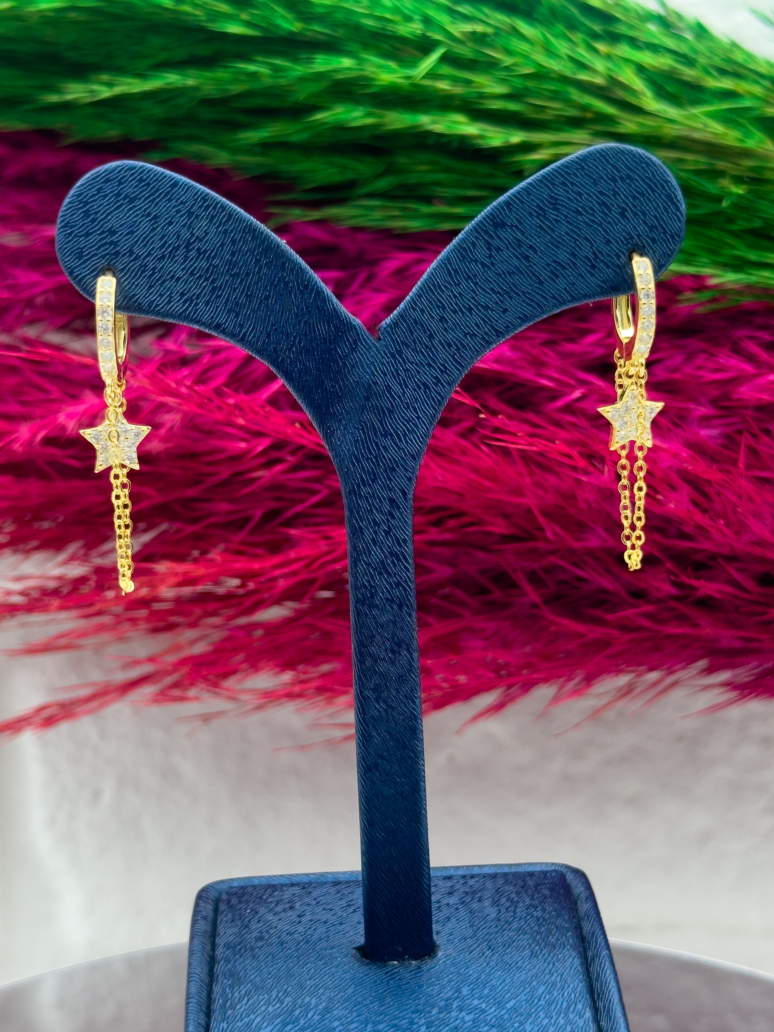 925 Ayar Gümüş Gold Renk Özel Tasarım Yıldız Modeli Popüler Kadın Küpe