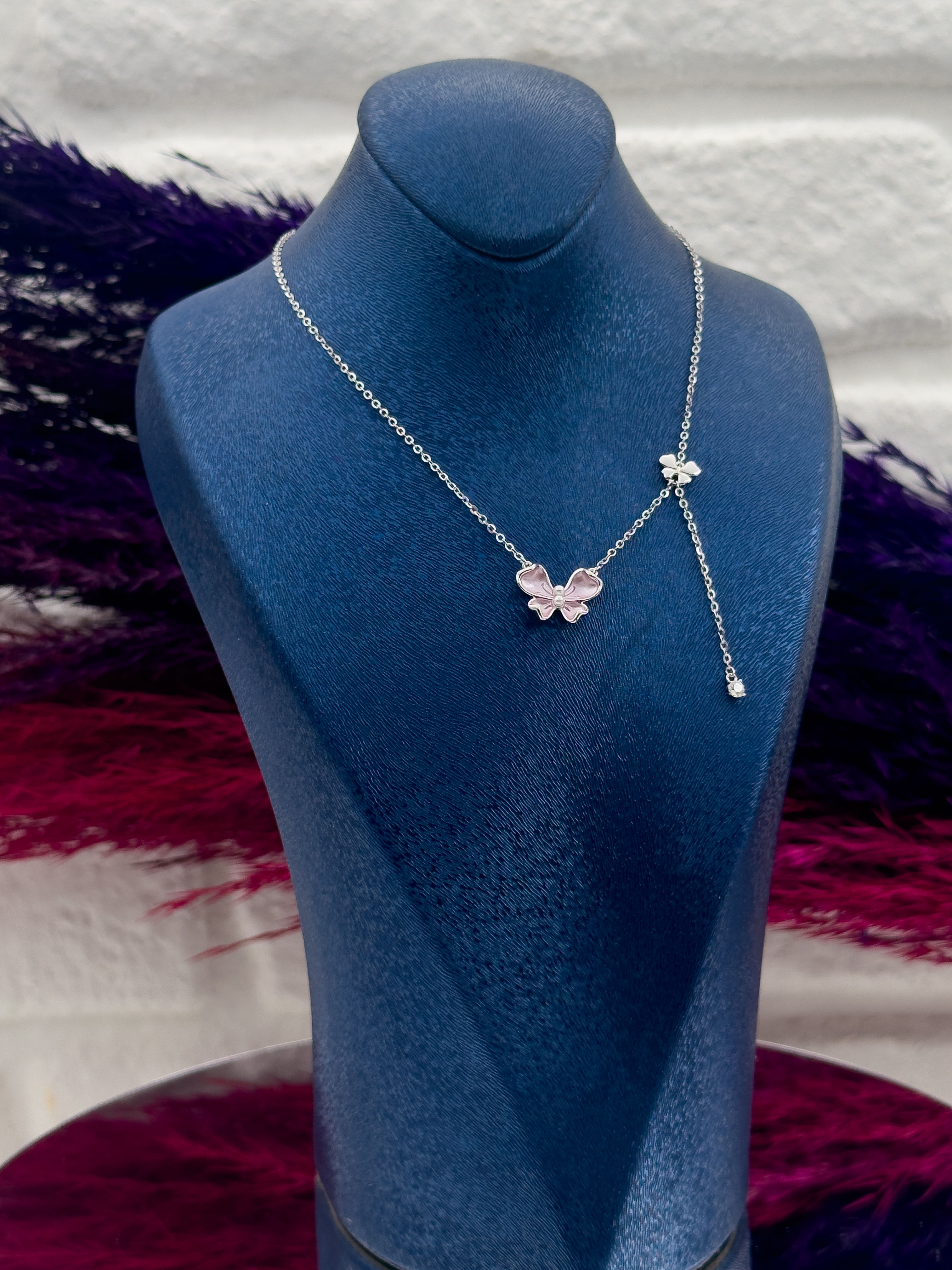 925 Ayar Gümüş Pembe Mineli Özel Tasarım Zarif Kadın Kolye