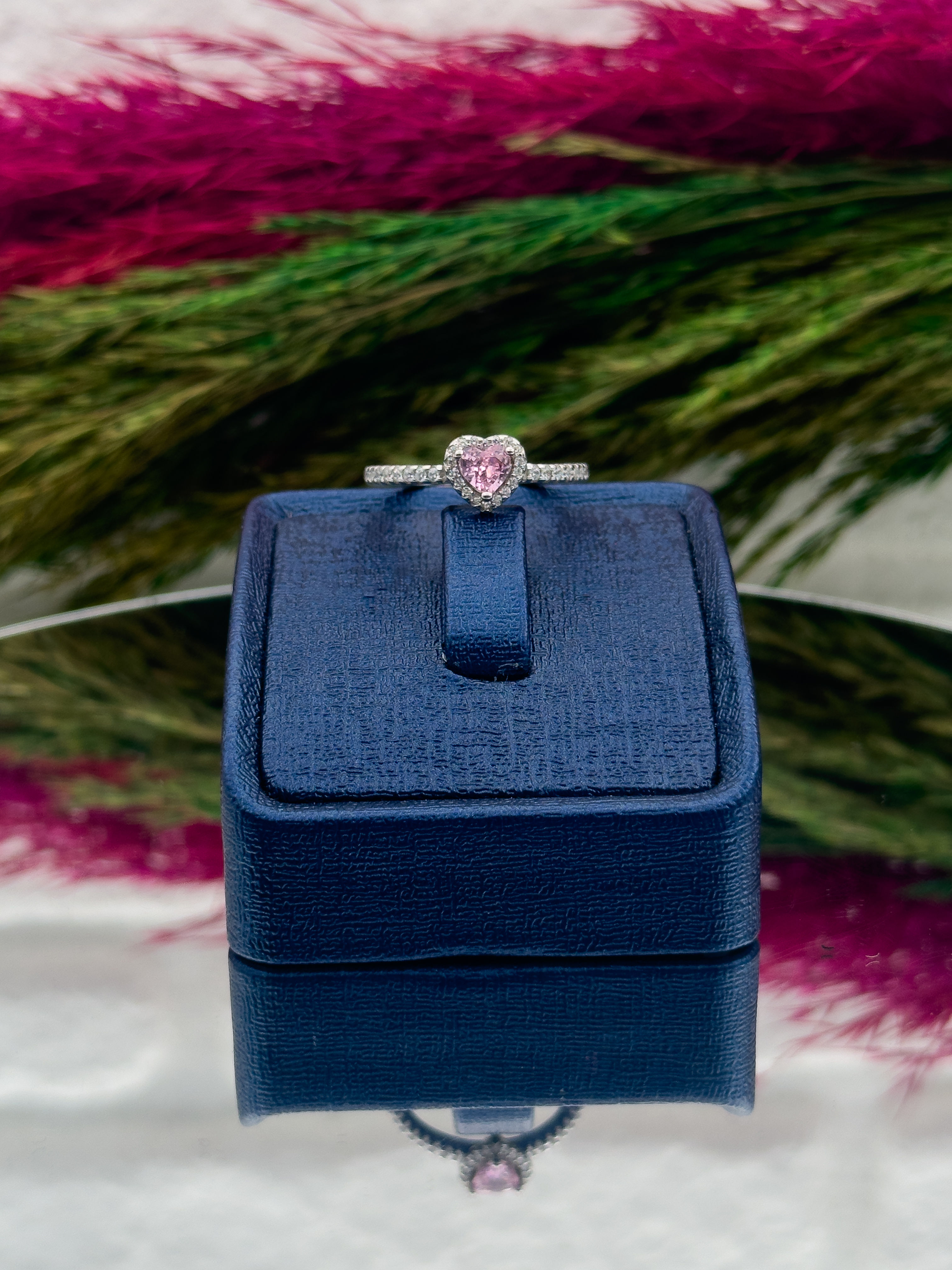 925 Ayar Gümüş Pembe Kuvars Taşlı Kalpli Popüler Kadın Yüzük