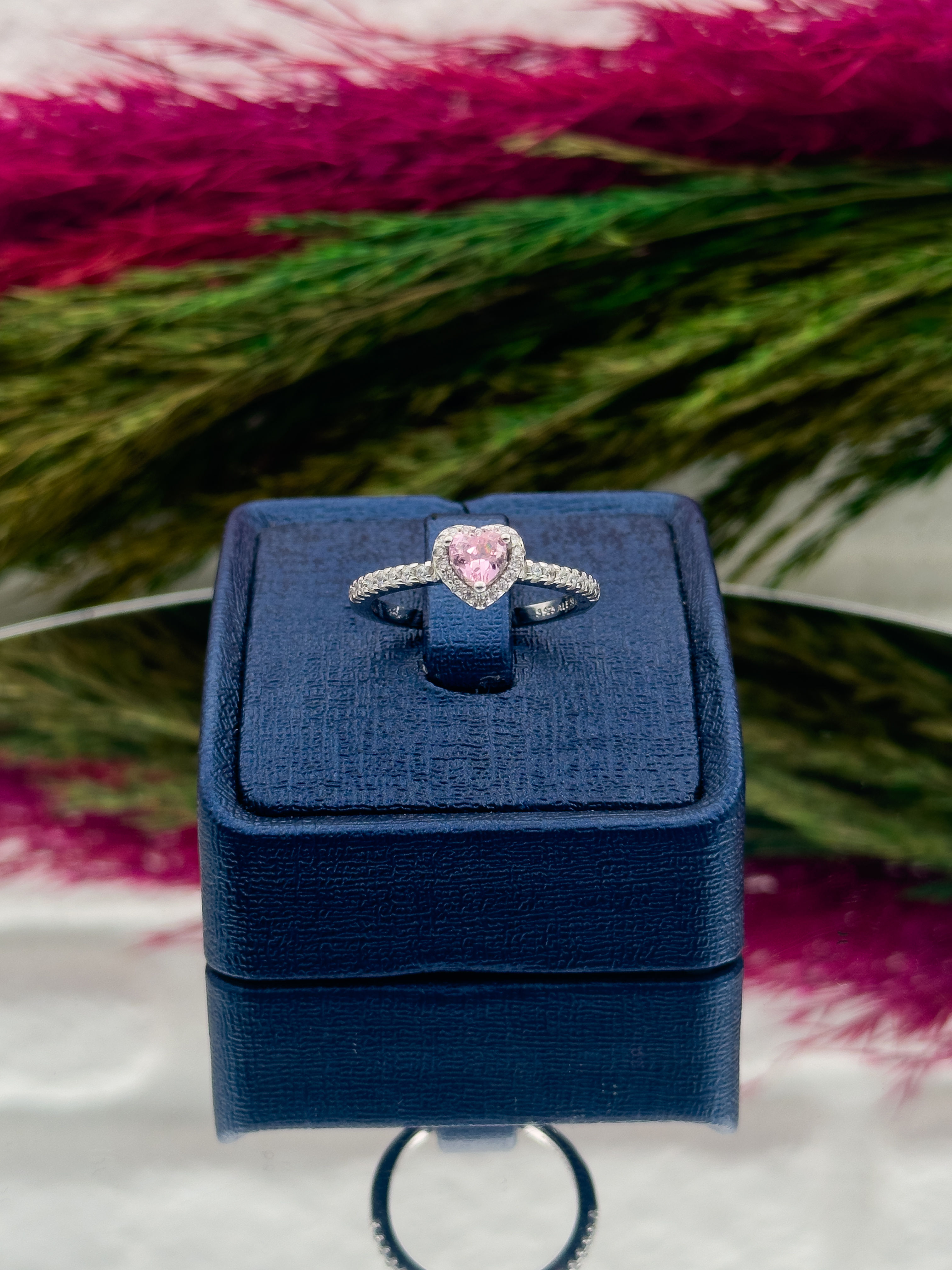 925 Ayar Gümüş Pembe Kuvars Taşlı Kalpli Popüler Kadın Yüzük