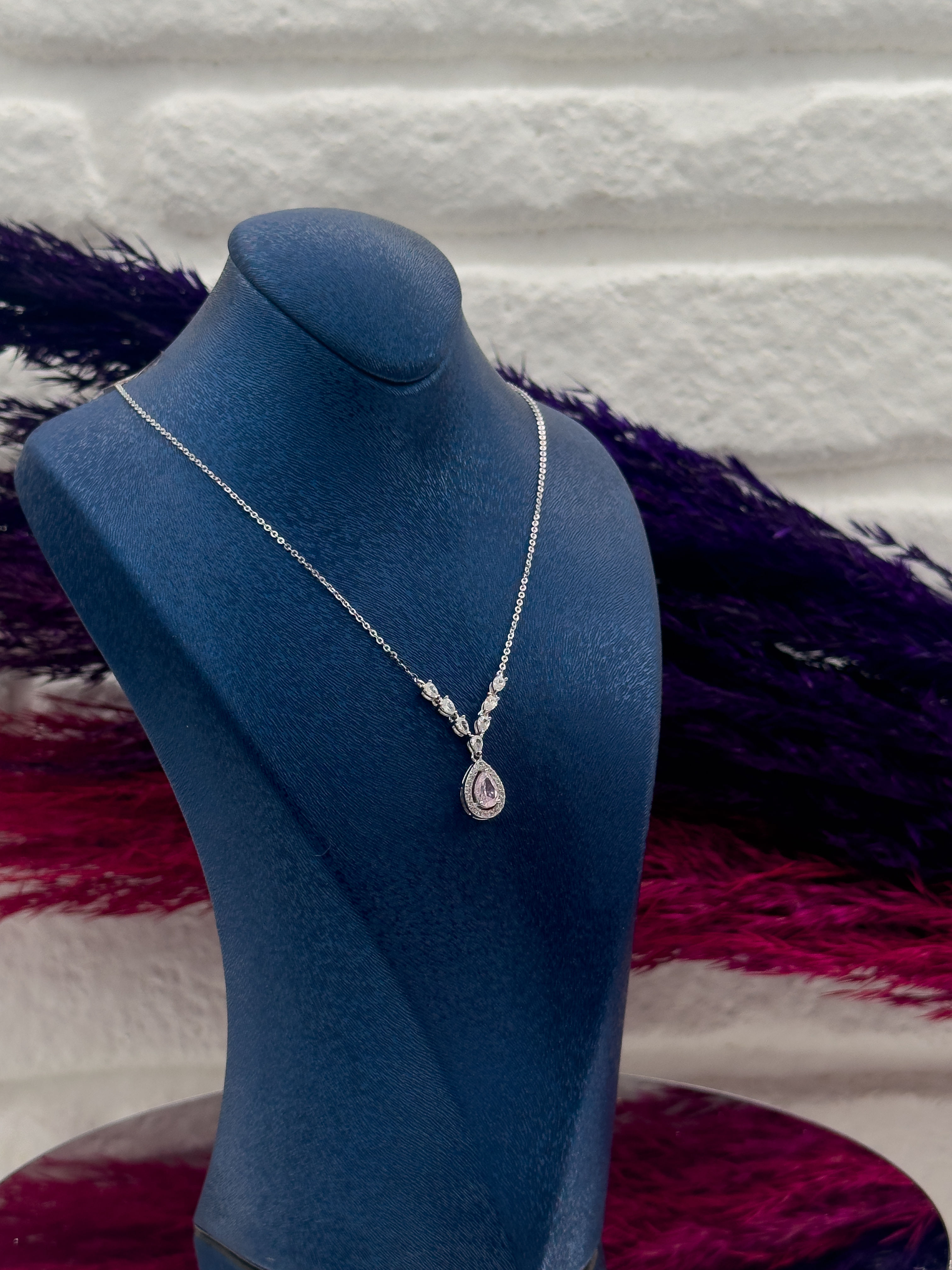 925 Ayar Gümüş Pembe Kuvars Taşlı Özel Tasarım Lüks Kadın Kolye