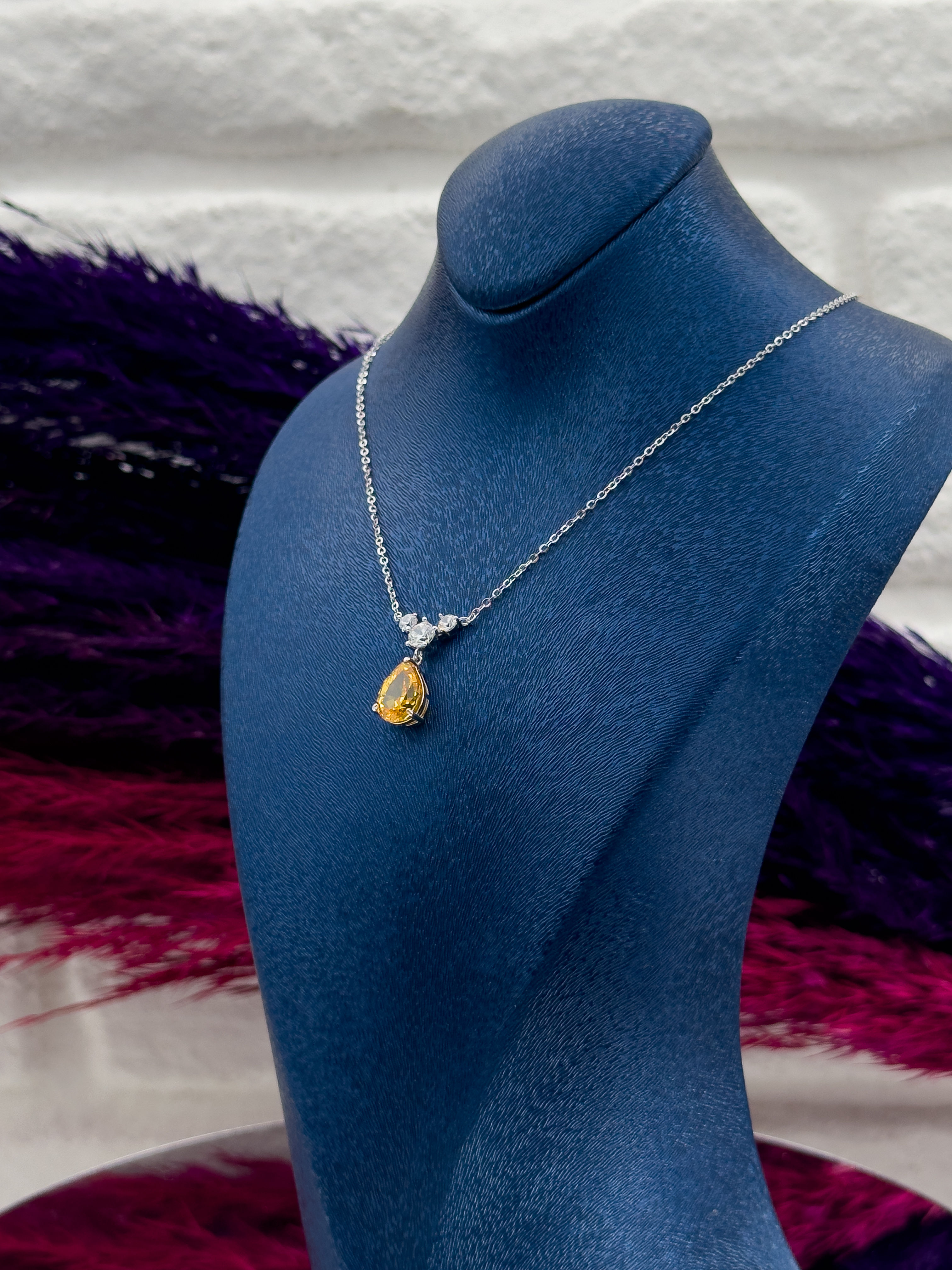 925 Ayar Gümüş Damla Sitrin Taşlı Popüler Kadın Kolye