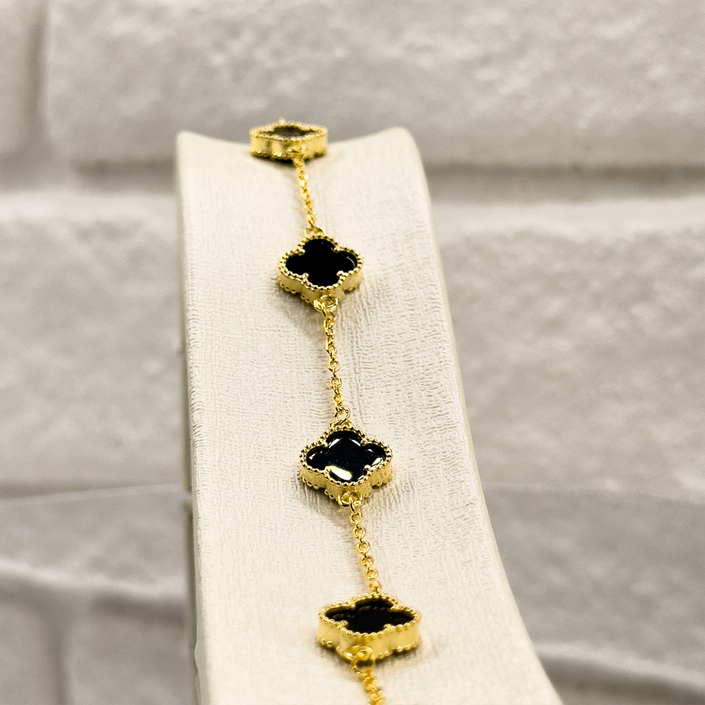 Gold Renk Onix Taşlı Van Cleef Gümüş Bileklik