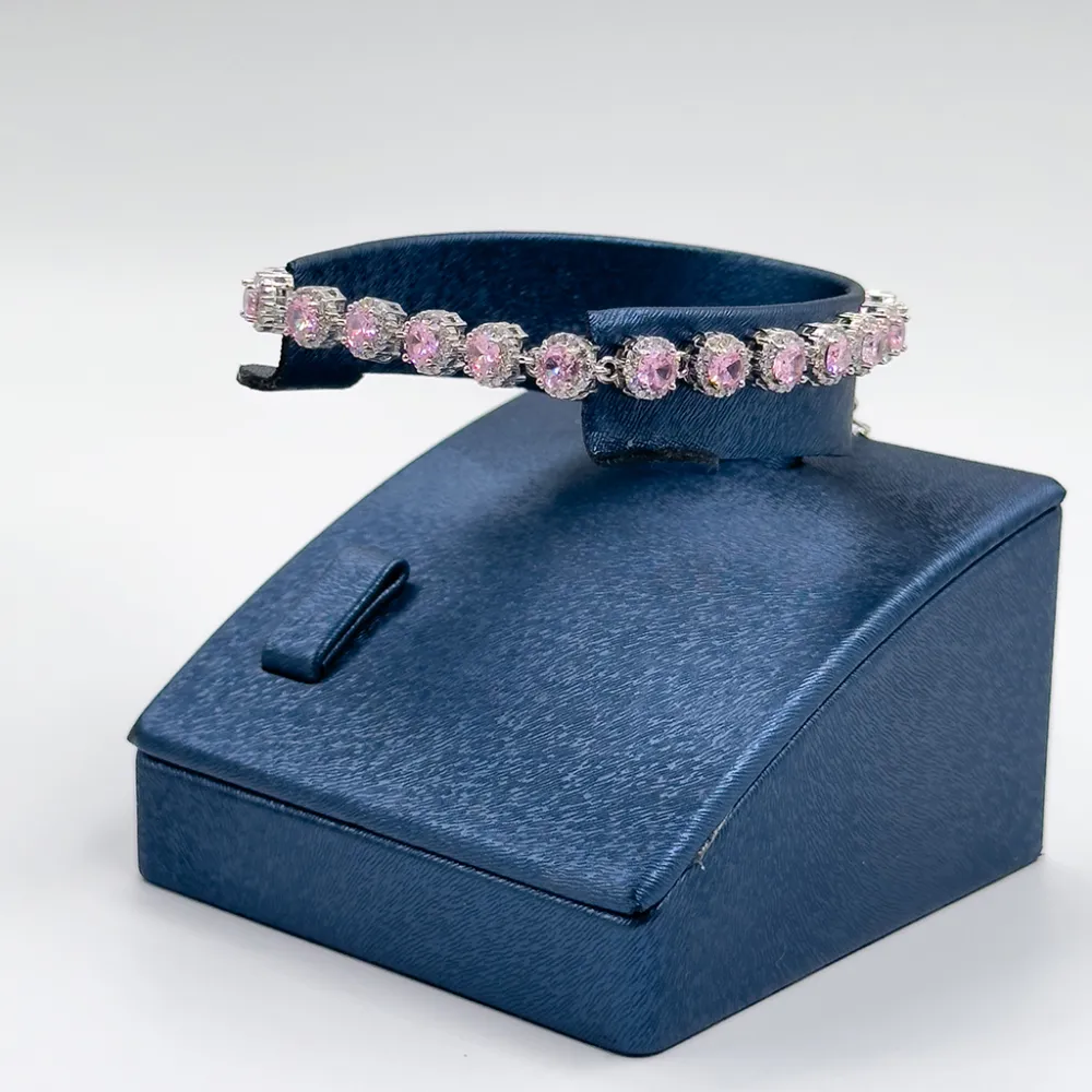 Pırlanta Montür Pink Kuvars Gümüş Bileklik