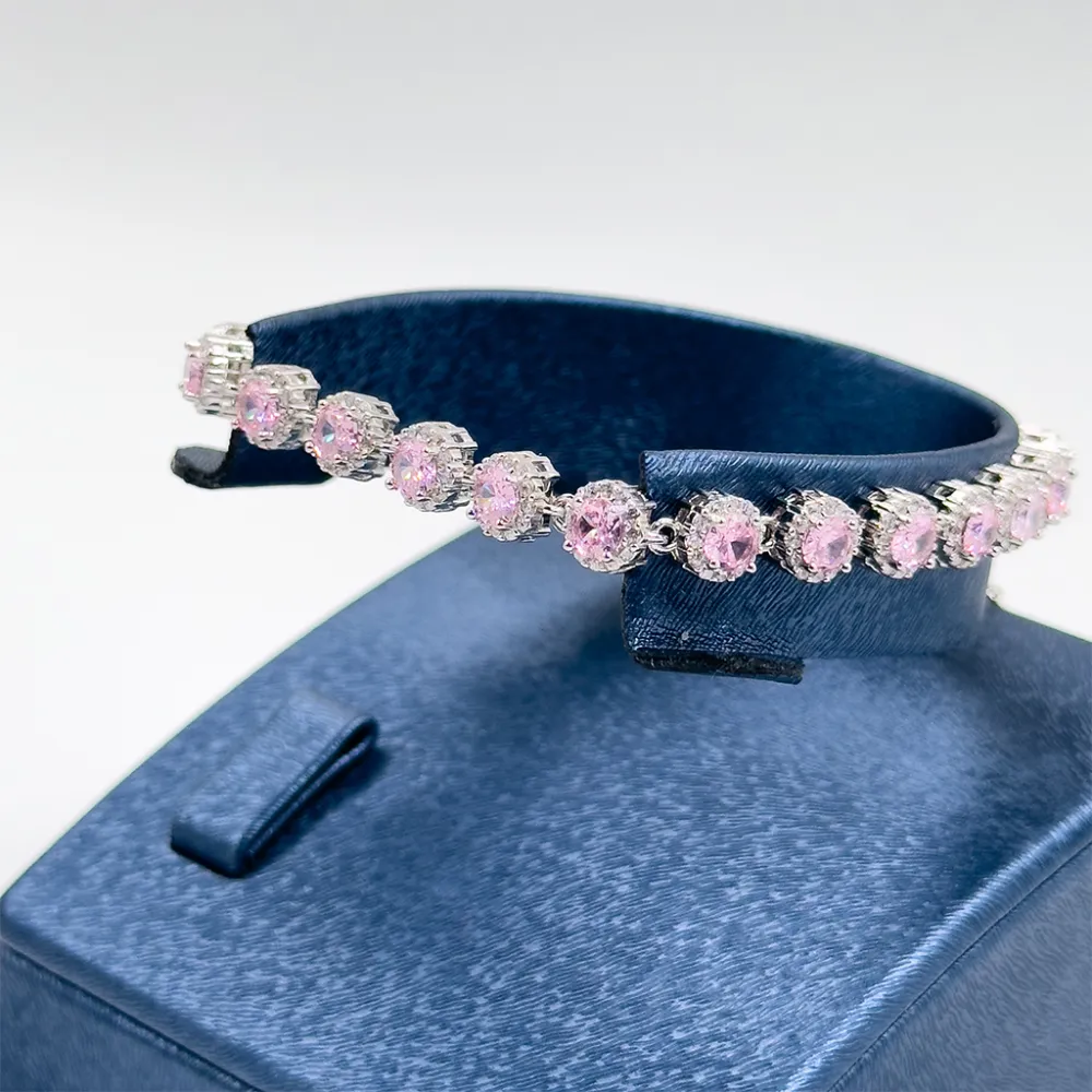 Pırlanta Montür Pink Kuvars Gümüş Bileklik