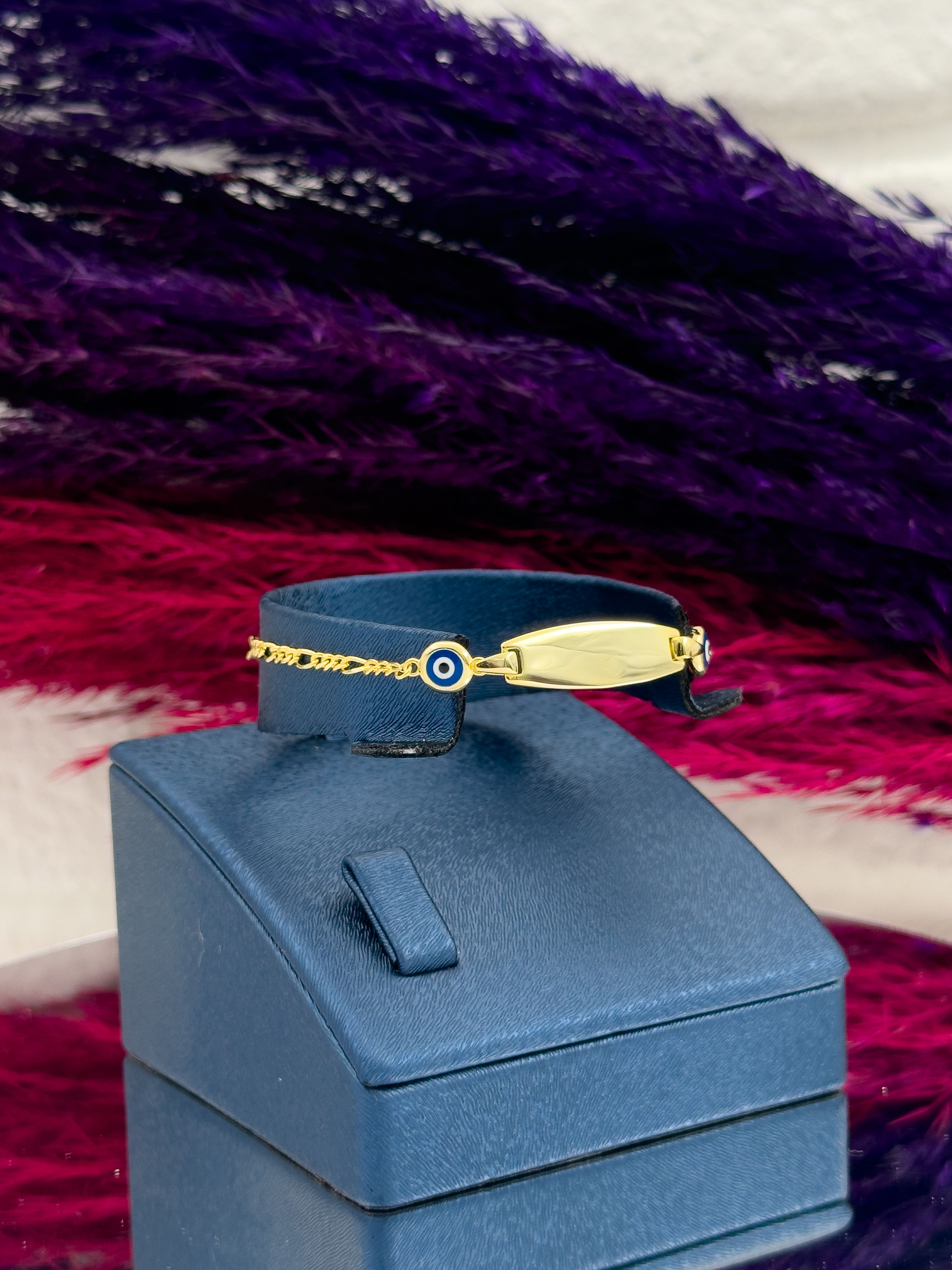 925 Ayar Gümüş Gold Renk Nazar Boncuklu İsim Yazılabilir Kız & Erkek Bebek Künye