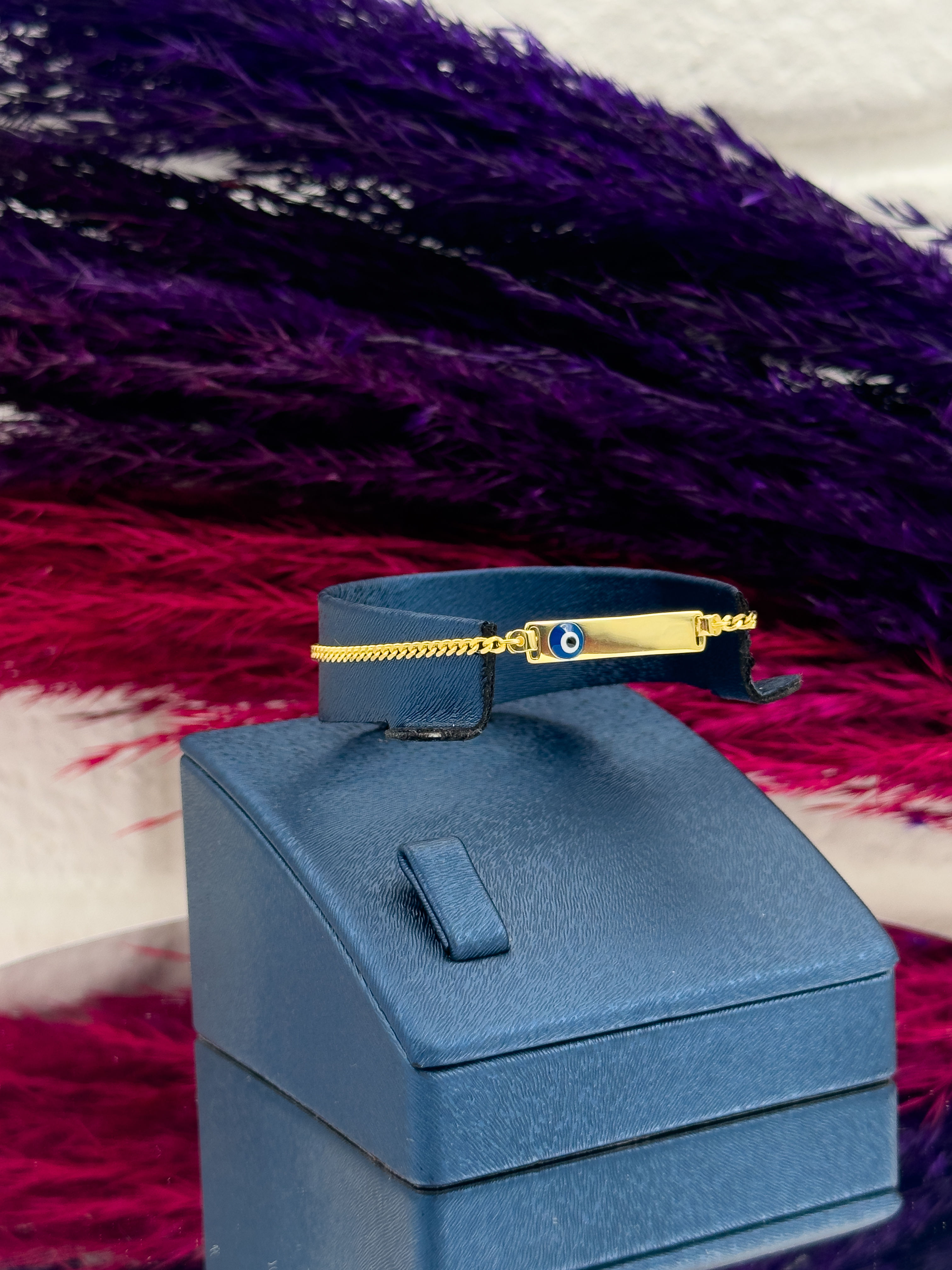 925 Ayar Gümüş Gold Renk Nazar Boncuklu İsim Yazılabilir Kız & Erkek Bebek Künye – Kişiye Özel Gümüş Çocuk Bileklik