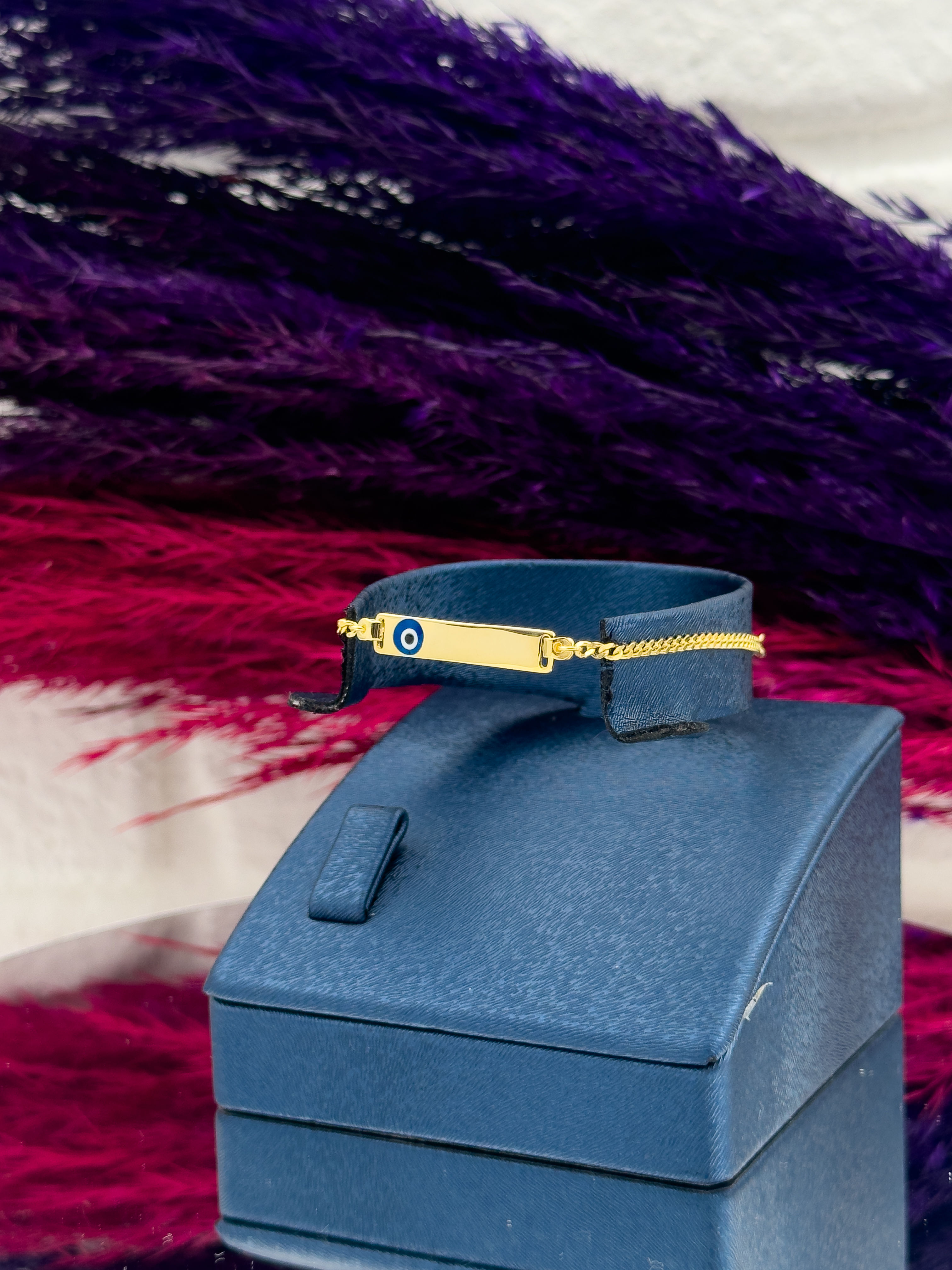 925 Ayar Gümüş Gold Renk Nazar Boncuklu İsim Yazılabilir Kız & Erkek Bebek Künye – Kişiye Özel Gümüş Çocuk Bileklik