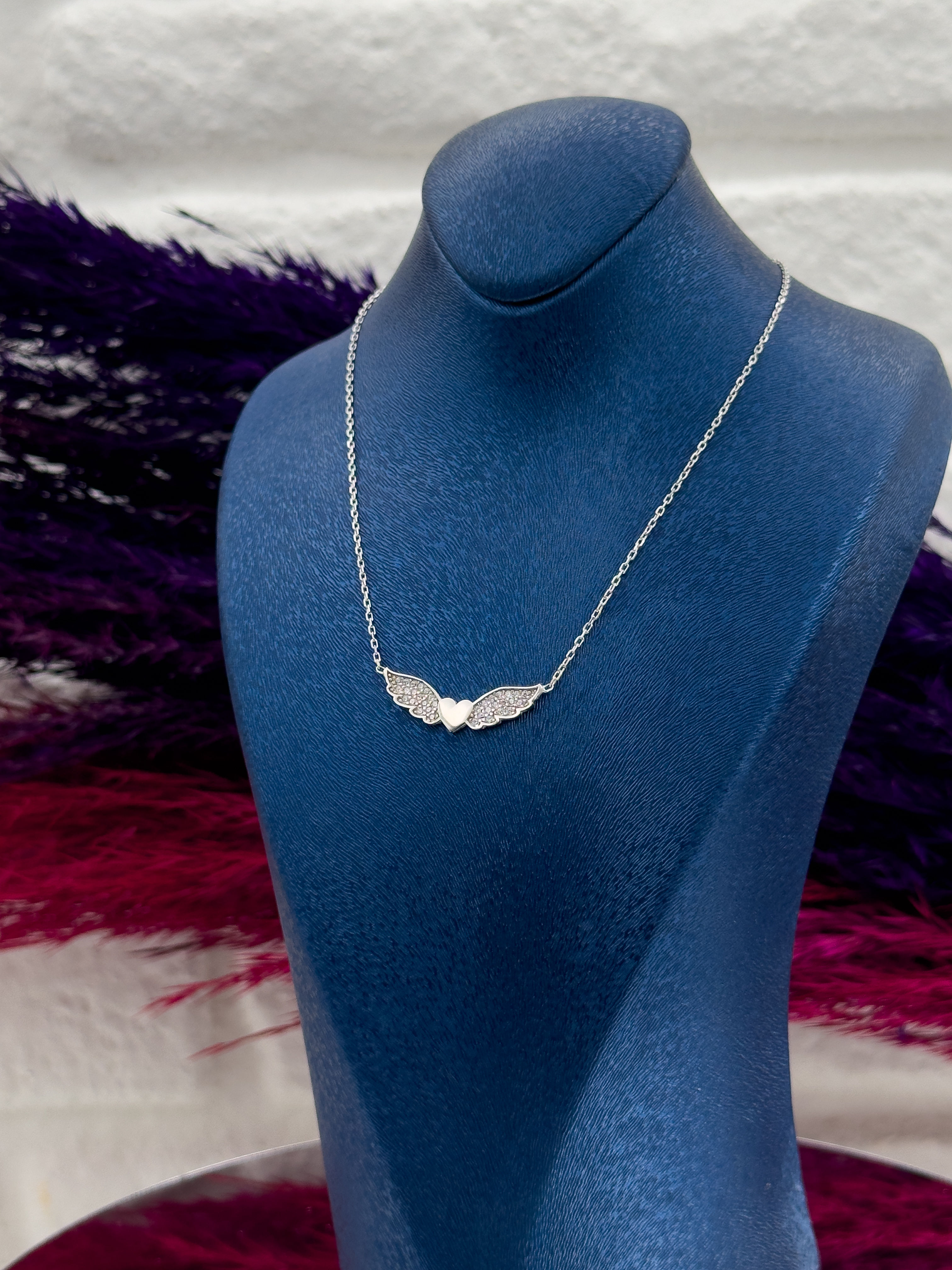 925 Ayar Gümüş Kalpli Melek Kanadı Aşk Modeli Popüler Kadın Kolye