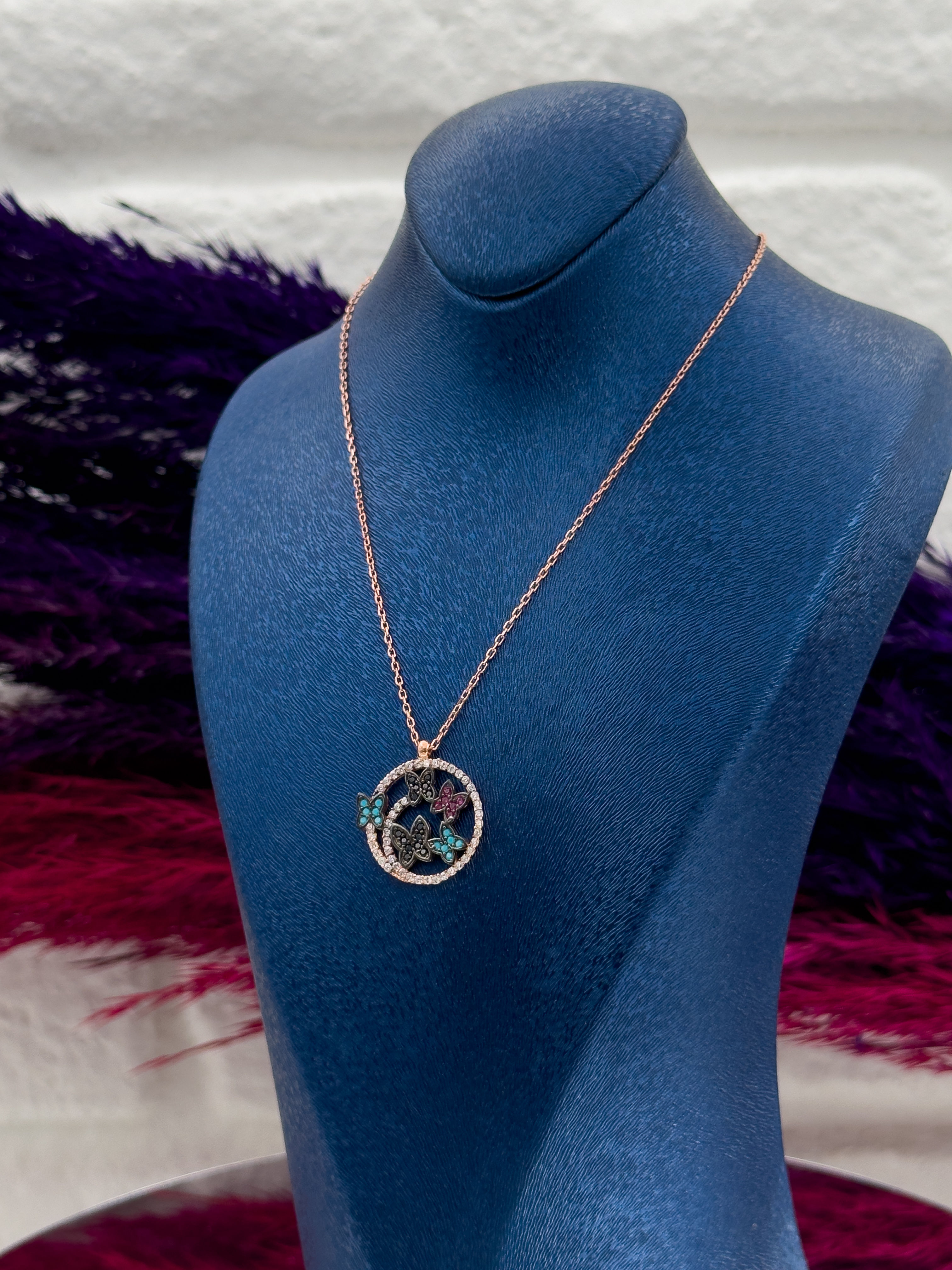 925 Ayar Gümüş Mix Taşlı Kelebek Modeli Zarif Kadın Kolye