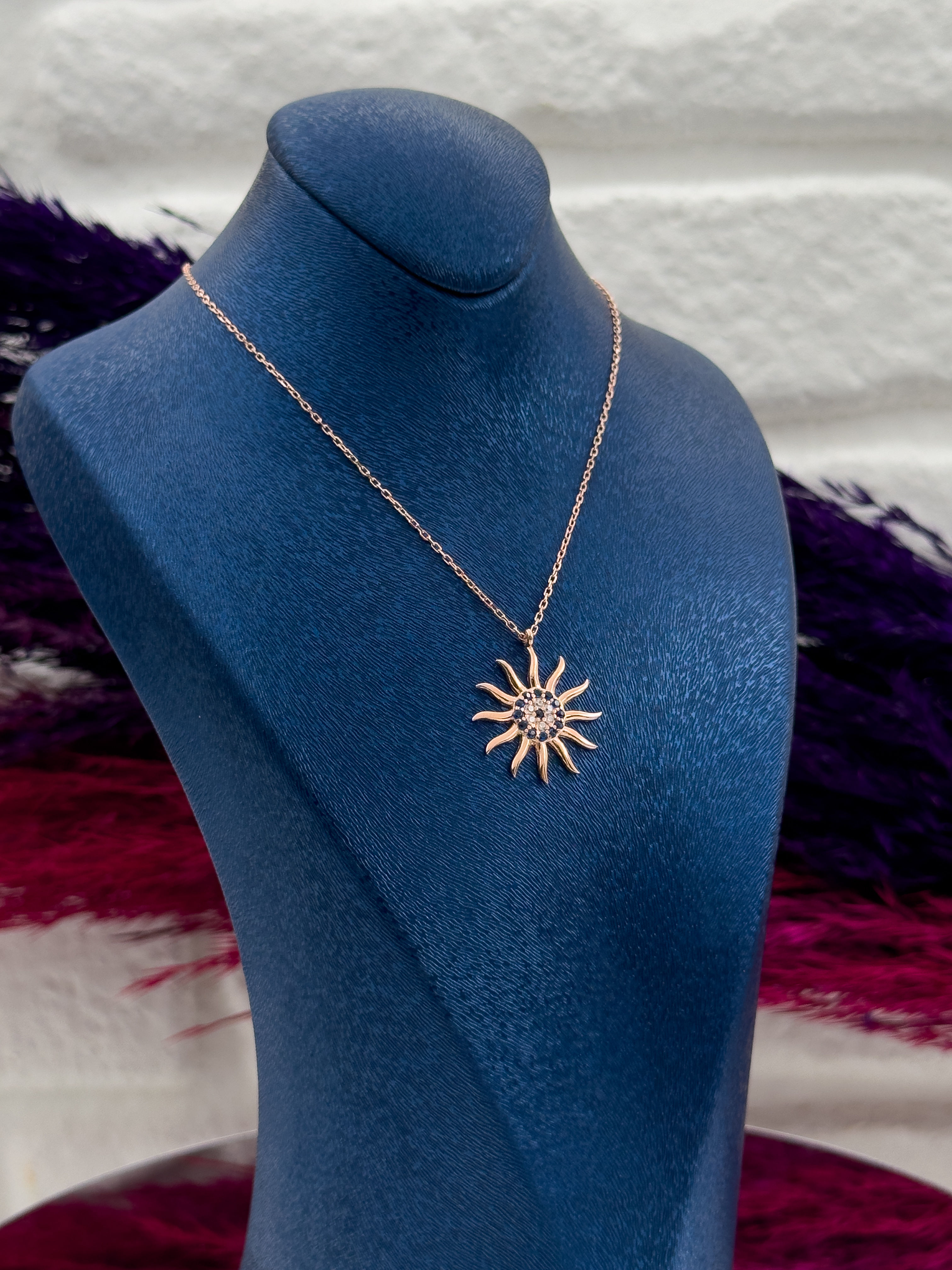 925 Ayar Gümüş Nazar Boncuklu Rose Renk Güneş Modeli Lüks Kadın Kolye