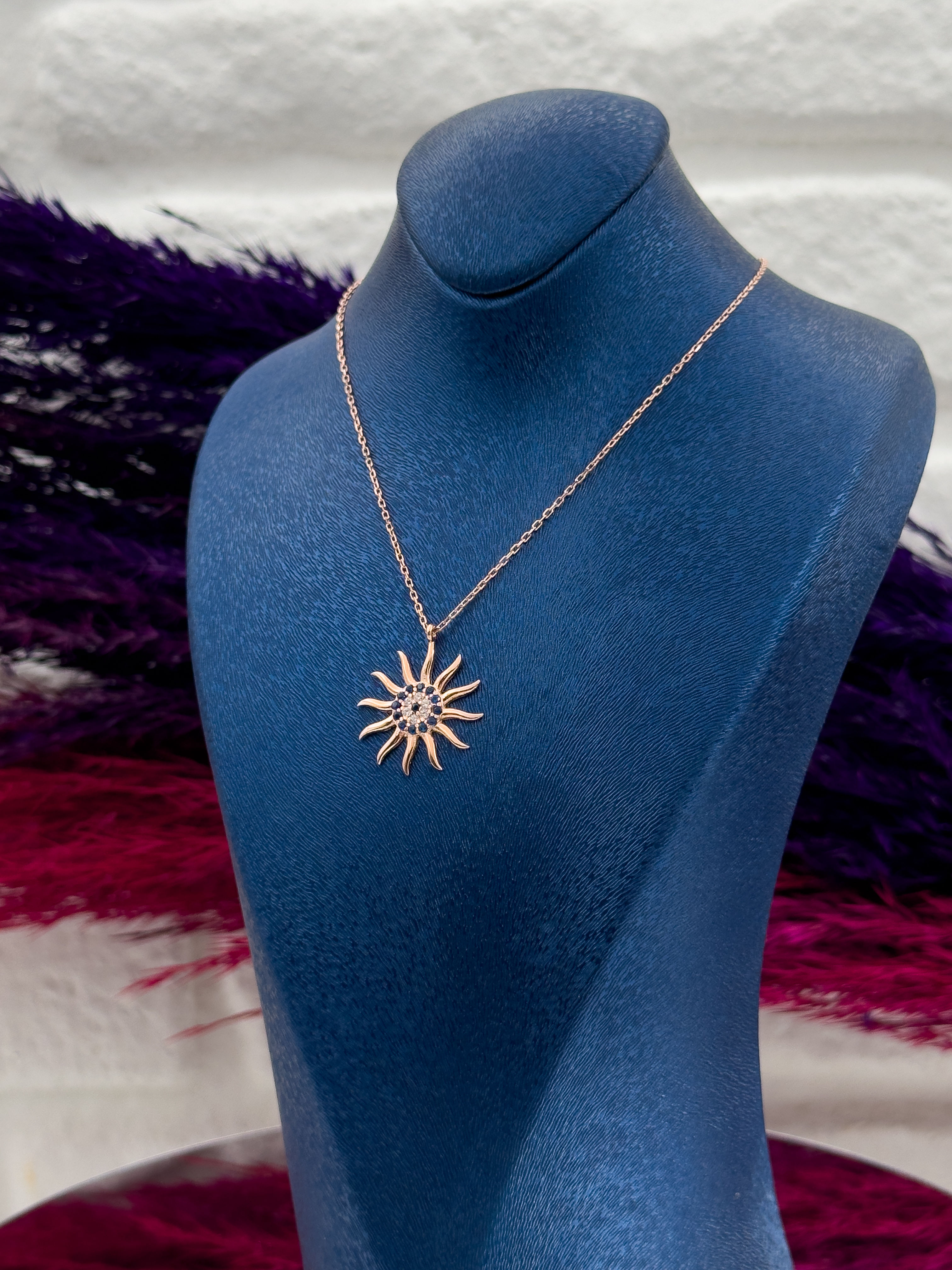 925 Ayar Gümüş Nazar Boncuklu Rose Renk Güneş Modeli Lüks Kadın Kolye