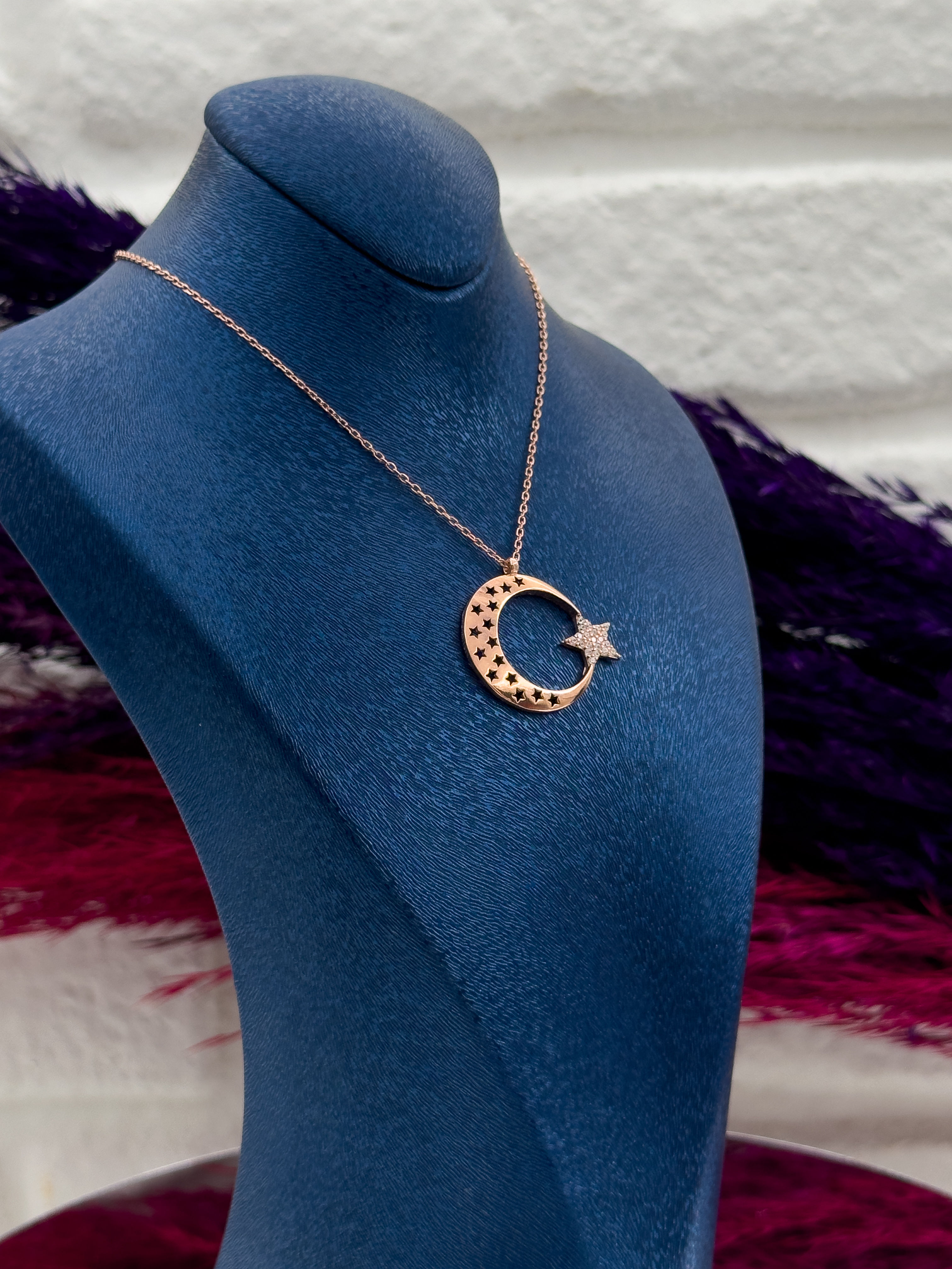 925 Ayar Gümüş Rose Renk Ayyıldız Modeli Lüks Kadın Kolye