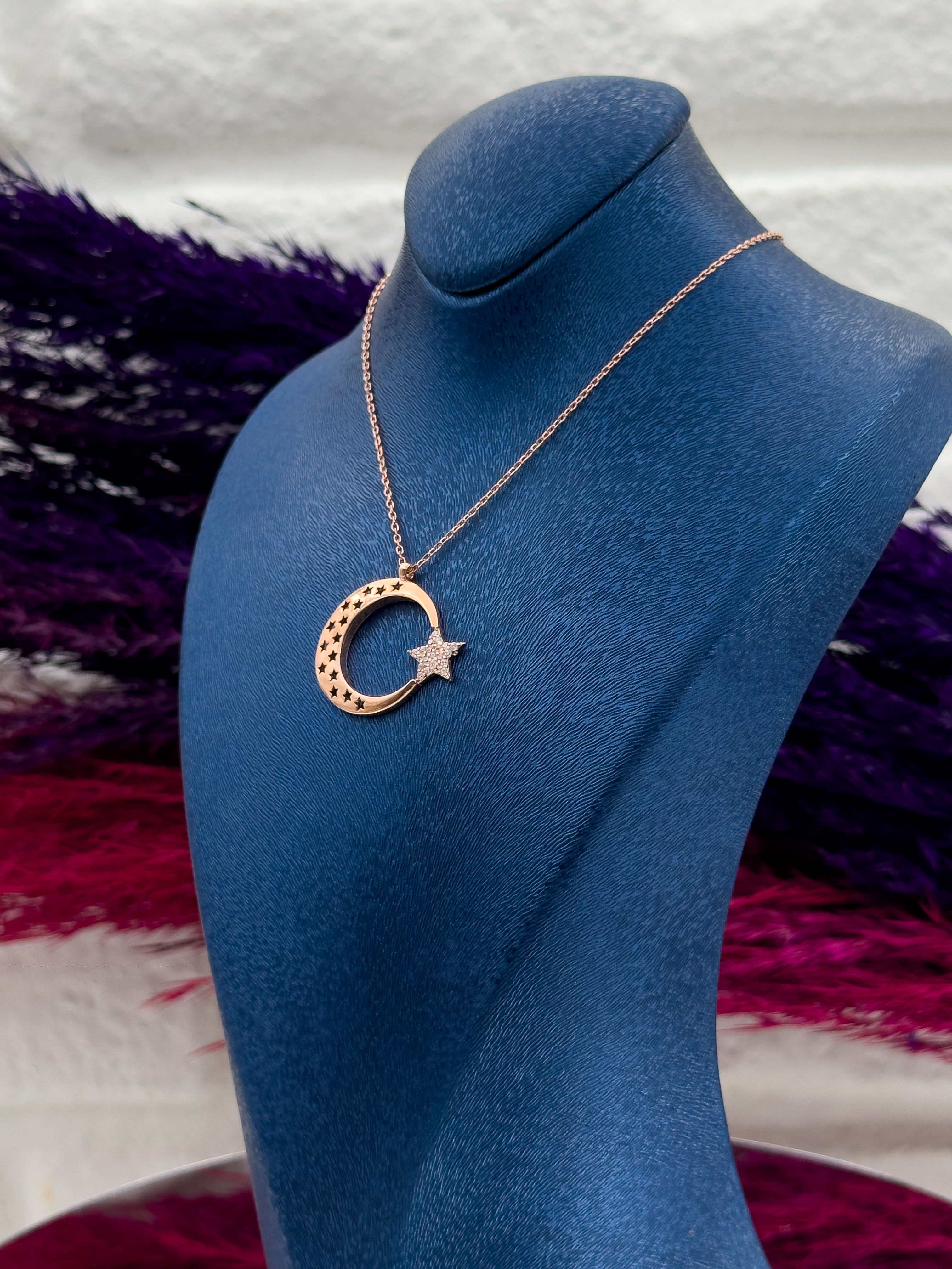 925 Ayar Gümüş Rose Renk Ayyıldız Modeli Lüks Kadın Kolye