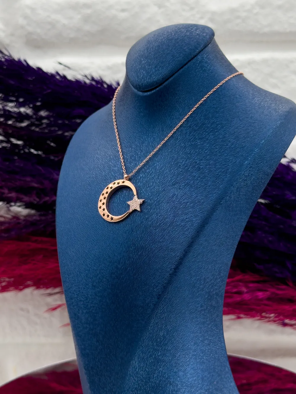 925 Ayar Gümüş Rose Renk Ayyıldız Modeli Lüks Kadın Kolye
