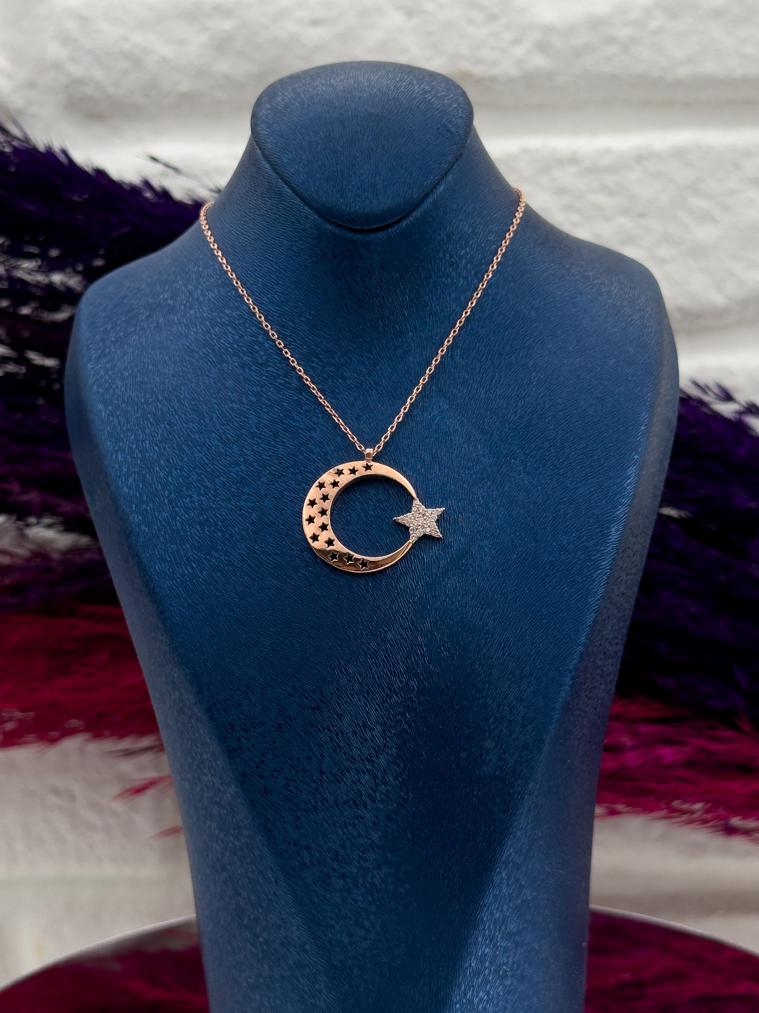 925 Ayar Gümüş Rose Renk Ayyıldız Modeli Lüks Kadın Kolye