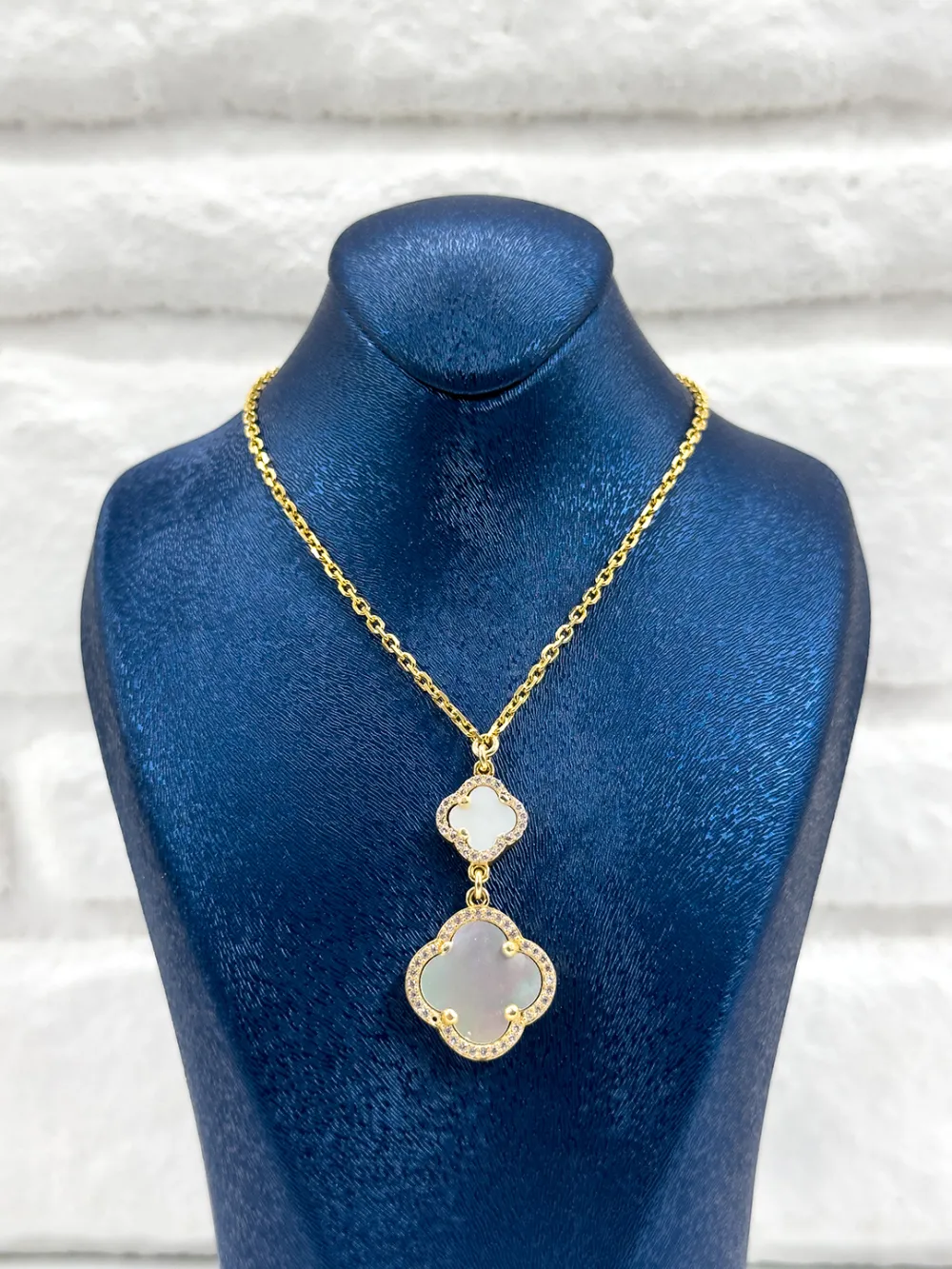 Gold Renk 2'li Sedef Taşlı Yonca Kadın Gümüş Kolye