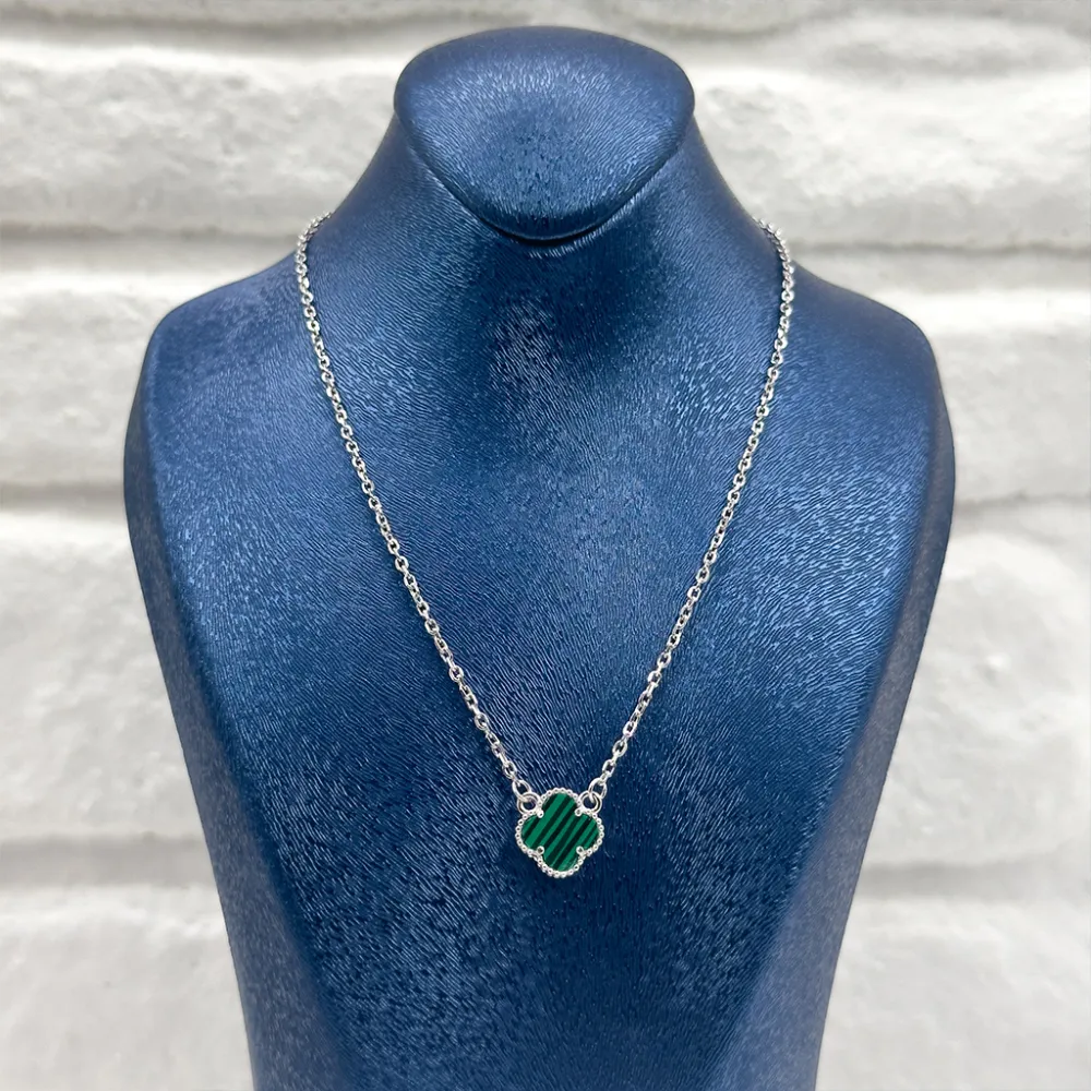 Malachite Taşlı Yonca Gümüş Kolye
