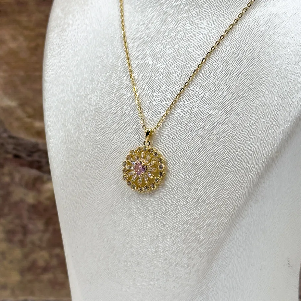 Gold Renk Tasarım Çiçek Gümüş Kolye