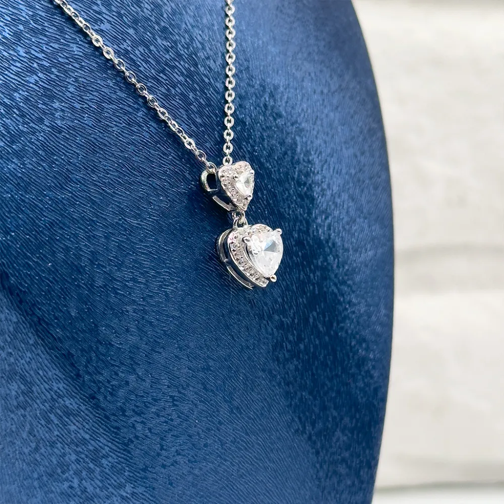 İkili Kalp Tasarım Gümüş Kolye