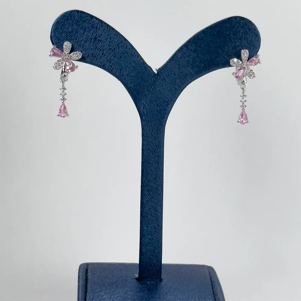 Pembe Kuvars Çiçek & Damla Gümüş Küpe