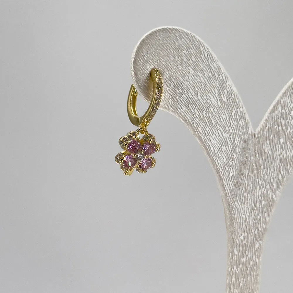 Gold Renk Pembe Kuvars Yonca Gümüş Küpe