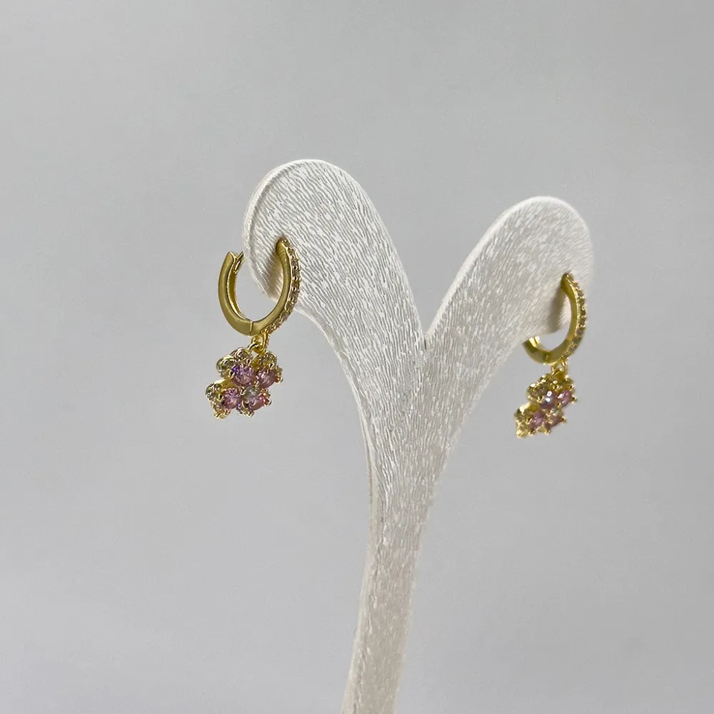 Gold Renk Pembe Kuvars Yonca Gümüş Küpe