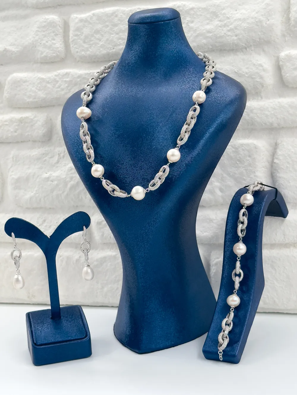 Özel Tasarım İncili 3'lü Kadın Gümüş Set - Kolye Seti