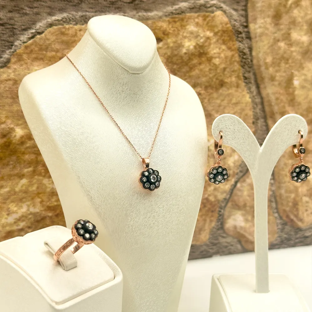 Elmas Montür Rosegold Gül Model Gümüş Set Takım