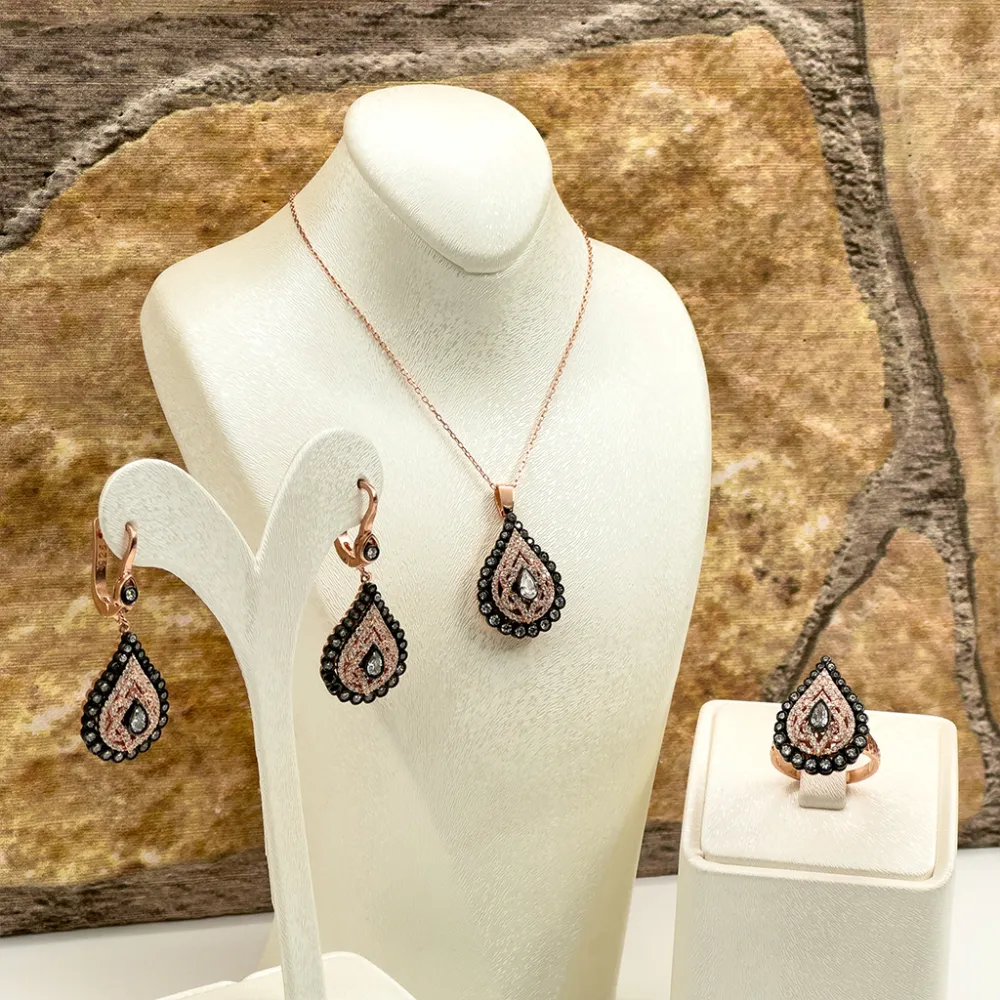 Elmas Montür Rosegold Damla Gümüş Set Takım - LVRSET08