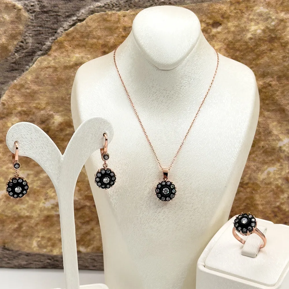 Elmas Montür Rosegold Gül Modeli Gümüş Set Takım