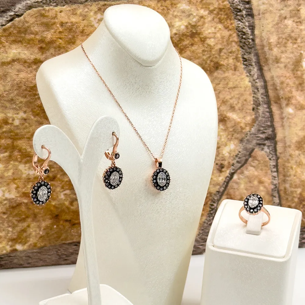 Elmas Montür Rosegold Oval Spor Gümüş Set Takım