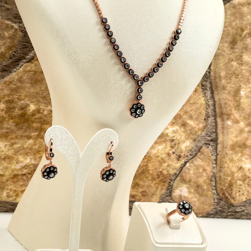 Elmas Montür Rosegold Klasik Gül Gümüş Set Takım