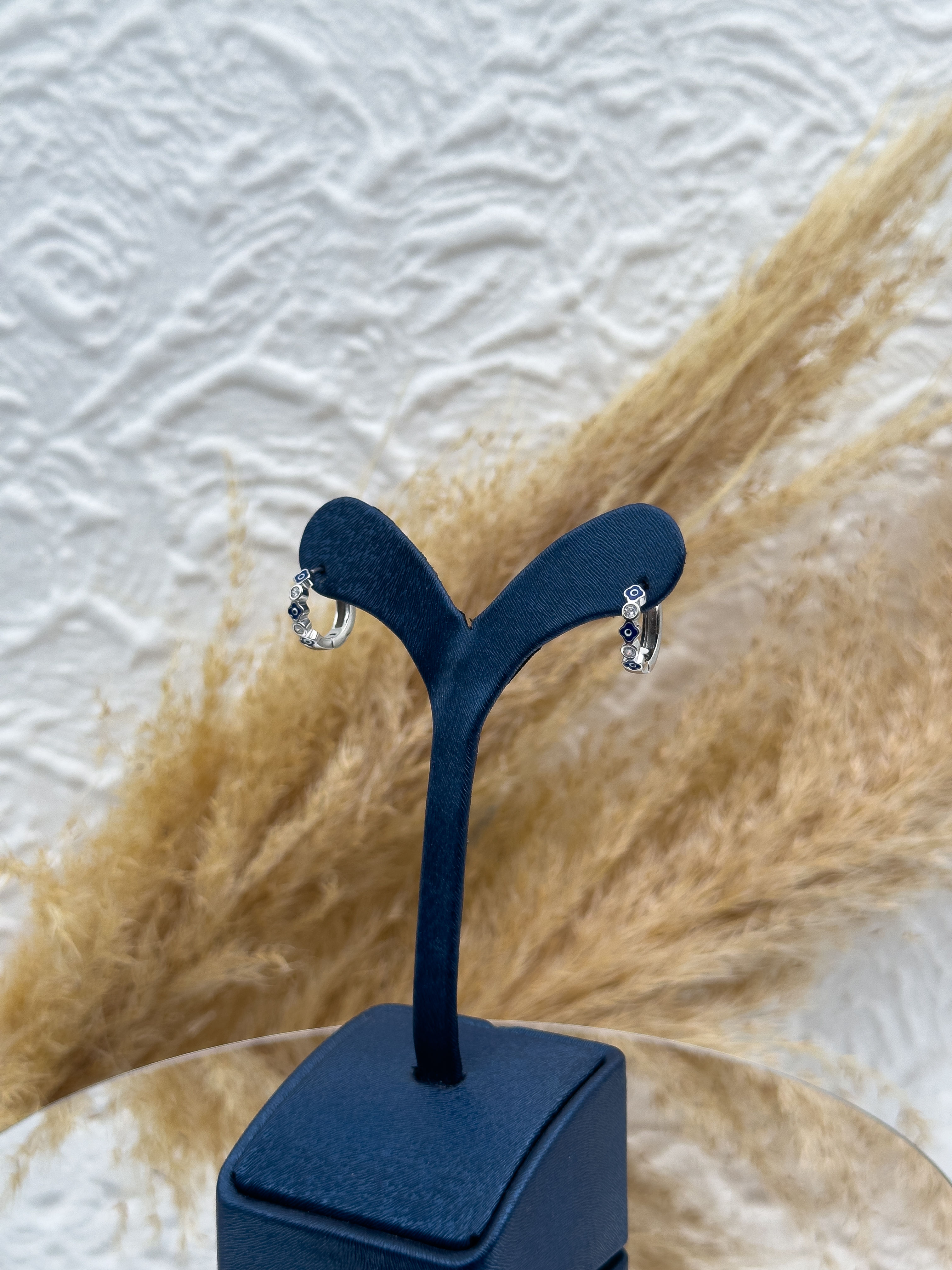 925 Ayar Gümüş Mineli Nazar Boncuklu Zirkon Taş Detaylı İnce Spor Halka Küpe