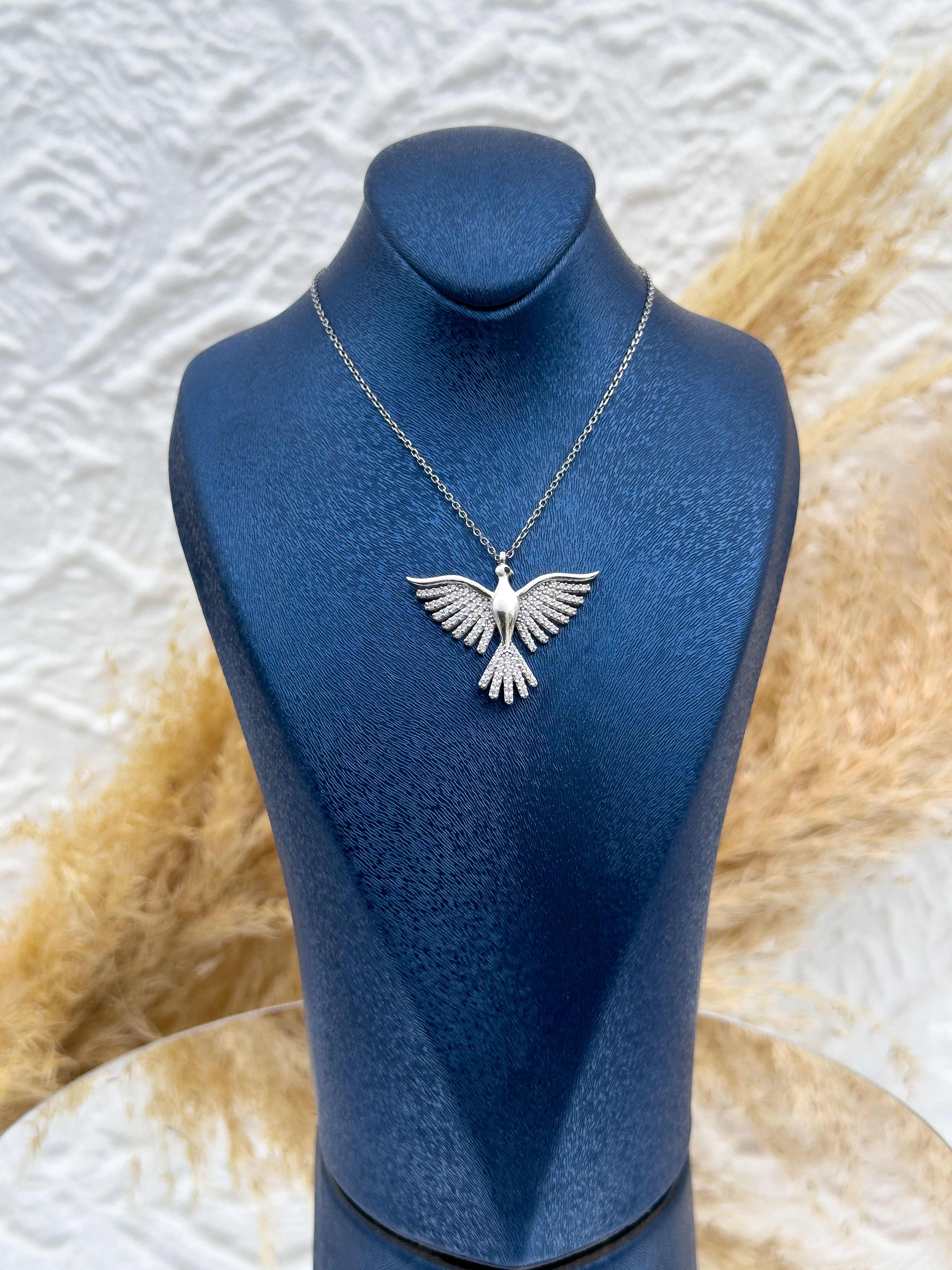 925 Ayar Gümüş Zirkon Taşlı Zümrüdüanka Kuşu Kolye – Özel Tasarım, Işıltılı Kadın Hediyelik Takı