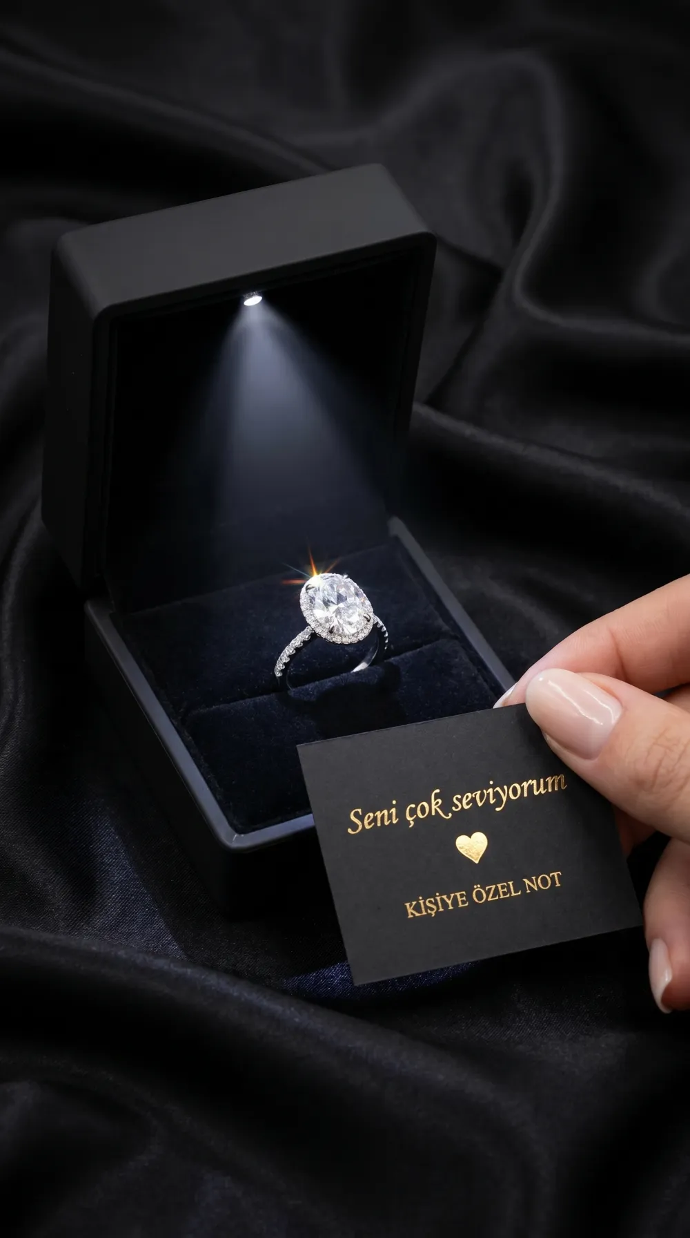 Işıklı Hediye Kutulu Orijinal 925 Ayar Gümüş Oval Kesim Zirkon Taşlı Kadın Yüzük