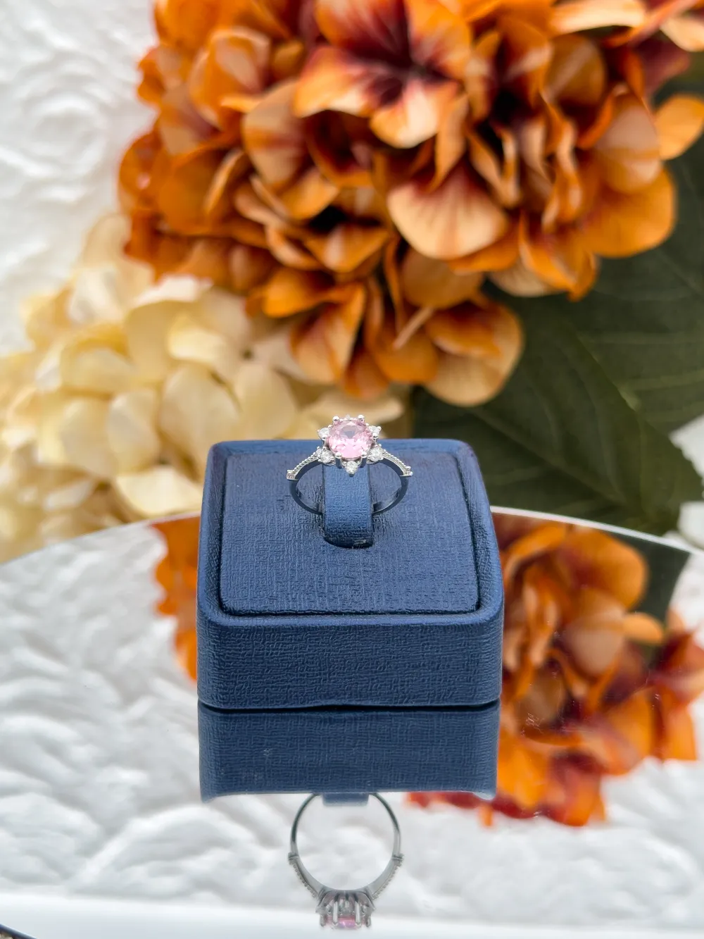 925 Ayar Gümüş Pırlanta Montür Pembe Kuvars Renkli Lotus Tasarım Kadın Yüzük